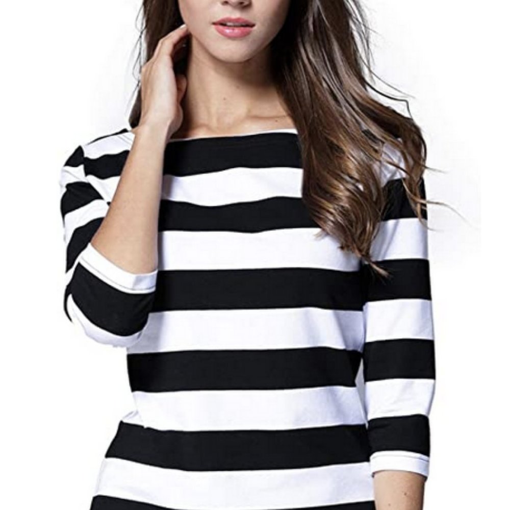 NEW Womens 3/4 Sleeve Round Neck Stripe Shirt